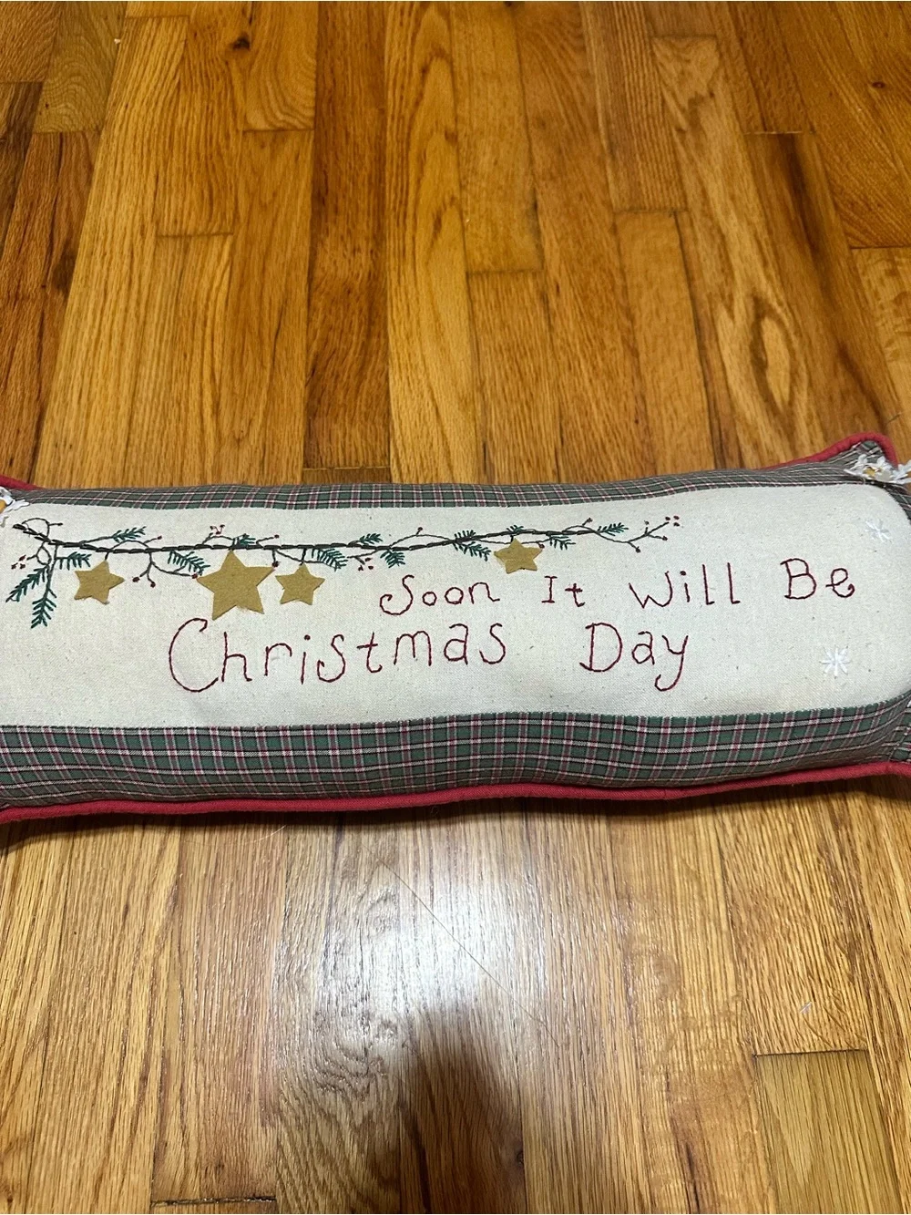 Handmade Holiday Lumbar Pillow - 'Soon It Will Be Christmas Day' in Red/Cream